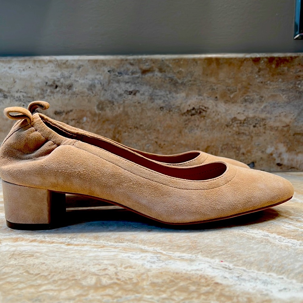 J. Crew stacked heel tan suede shoes